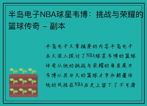 半岛电子NBA球星韦博：挑战与荣耀的篮球传奇 - 副本
