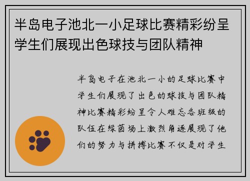 半岛电子池北一小足球比赛精彩纷呈学生们展现出色球技与团队精神