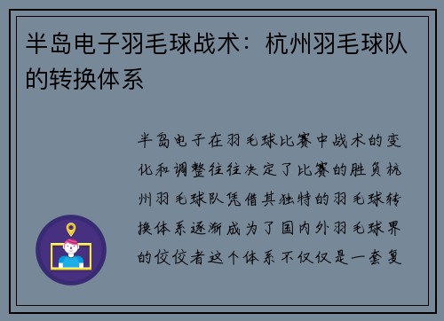 半岛电子羽毛球战术：杭州羽毛球队的转换体系
