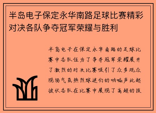 半岛电子保定永华南路足球比赛精彩对决各队争夺冠军荣耀与胜利
