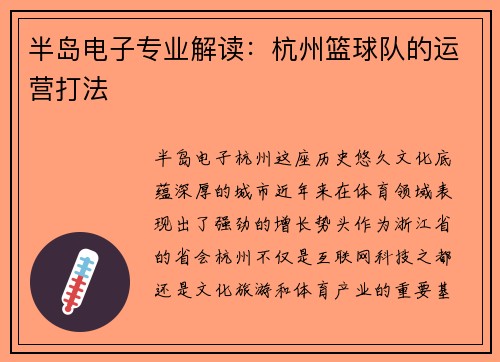 半岛电子专业解读：杭州篮球队的运营打法