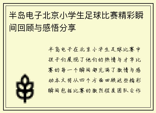 半岛电子北京小学生足球比赛精彩瞬间回顾与感悟分享