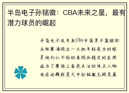 半岛电子孙铭徽：CBA未来之星，最有潜力球员的崛起