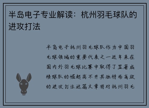半岛电子专业解读：杭州羽毛球队的进攻打法