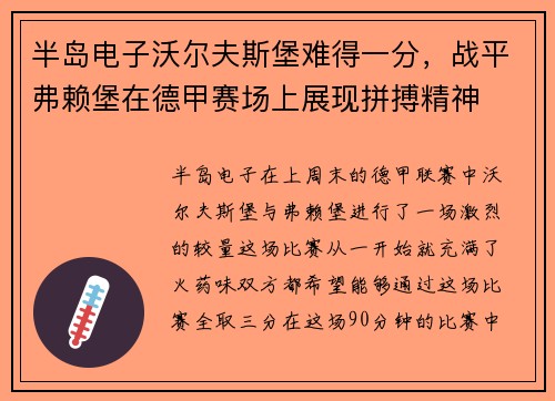 半岛电子沃尔夫斯堡难得一分，战平弗赖堡在德甲赛场上展现拼搏精神