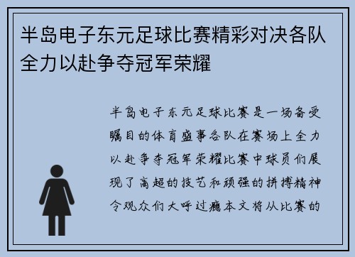 半岛电子东元足球比赛精彩对决各队全力以赴争夺冠军荣耀
