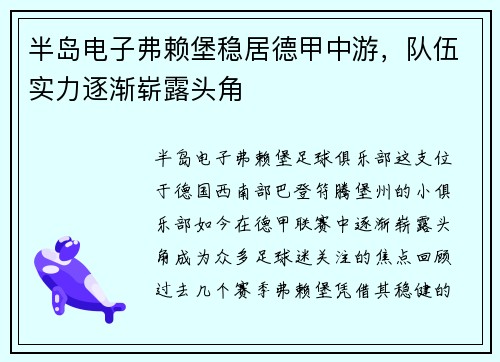 半岛电子弗赖堡稳居德甲中游，队伍实力逐渐崭露头角