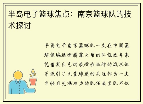 半岛电子篮球焦点：南京篮球队的技术探讨