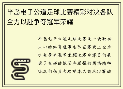 半岛电子公道足球比赛精彩对决各队全力以赴争夺冠军荣耀