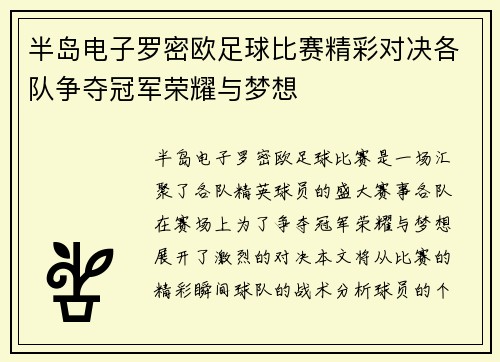 半岛电子罗密欧足球比赛精彩对决各队争夺冠军荣耀与梦想