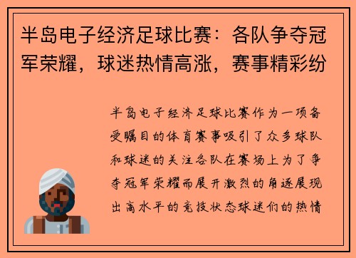 半岛电子经济足球比赛：各队争夺冠军荣耀，球迷热情高涨，赛事精彩纷呈