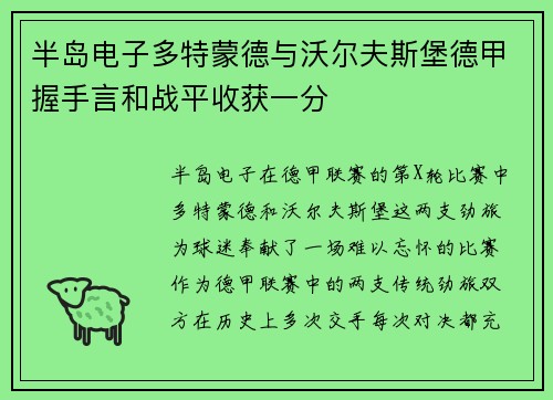 半岛电子多特蒙德与沃尔夫斯堡德甲握手言和战平收获一分
