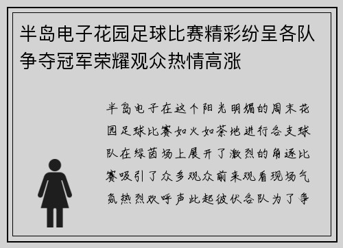 半岛电子花园足球比赛精彩纷呈各队争夺冠军荣耀观众热情高涨