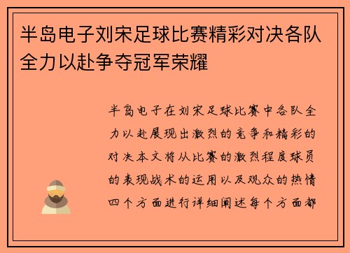 半岛电子刘宋足球比赛精彩对决各队全力以赴争夺冠军荣耀