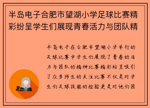 半岛电子合肥市望湖小学足球比赛精彩纷呈学生们展现青春活力与团队精神