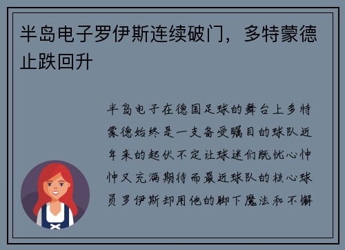 半岛电子罗伊斯连续破门，多特蒙德止跌回升